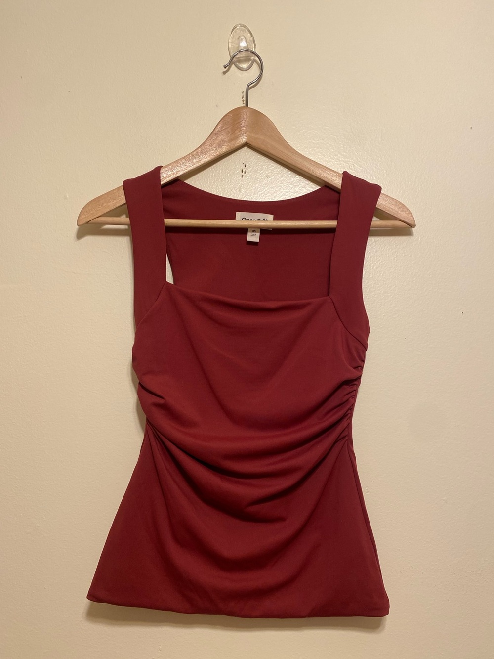 OPEN EDIT Women's Square Neck Ruched Tank Top - Burgundy. Size XS